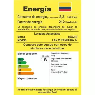 Lavadora HACEB Carga Superior 17KG PANDORA M OX Gris Lavadora HACEB Carga Superior 17KG PANDORA M OX Gris