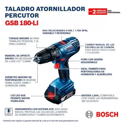 Taladro percutor Bosch GSB 180-LI 18V 2 baterías y maletín