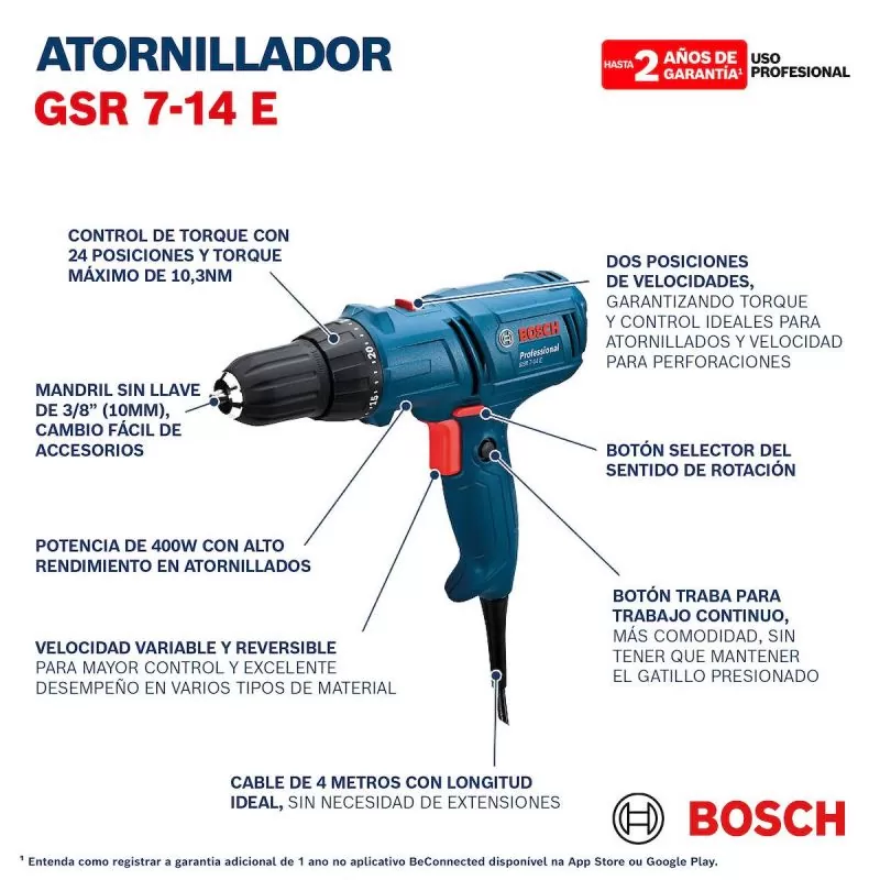Taladro Atornillador Bosch GSR 7-14 E 400W 220V cable 4m – Abrafer SRL –  Ferreteria Industrial