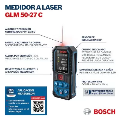 Medidor láser Bosch GLM 50-27 C, 50 metros, con Bluetooth
