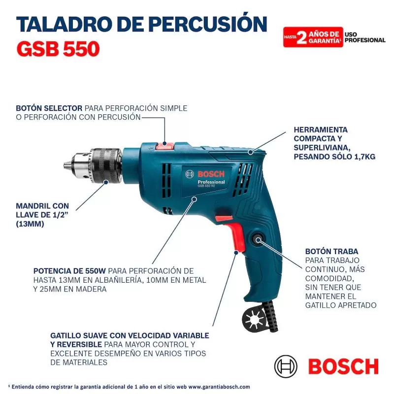 Taladro percutor Bosch GSB 550 RE + 34 accesorios