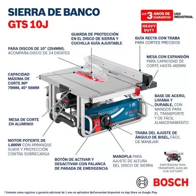 Sierra de mesa Bosch GTS 10 J 1700W 110V con disco y 2 guías