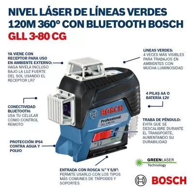 Nivel láser líneas verde Bosch GLL 3-80 CG 120 mt en maletín