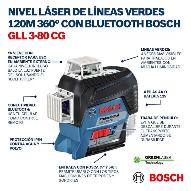 Nivel laser Verde de 2 líneas 360° a baterias 12V