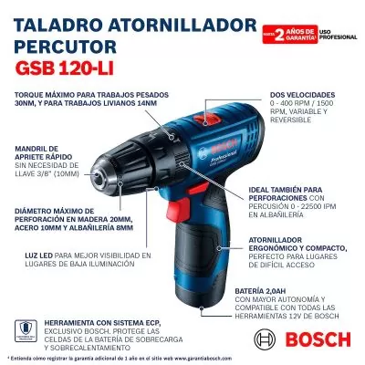 Taladro percutor Bosch GSB 120-LI 2 baterías y maletín