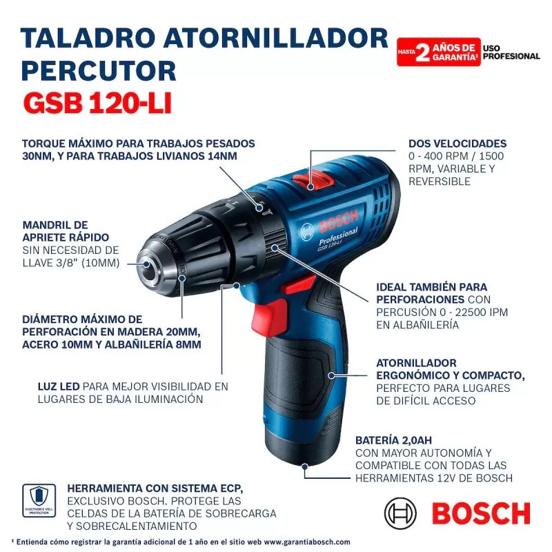 Taladro a batería Bosch Professional GSB 12V-15 con dos baterías de 12V  2.0Ah de segunda mano