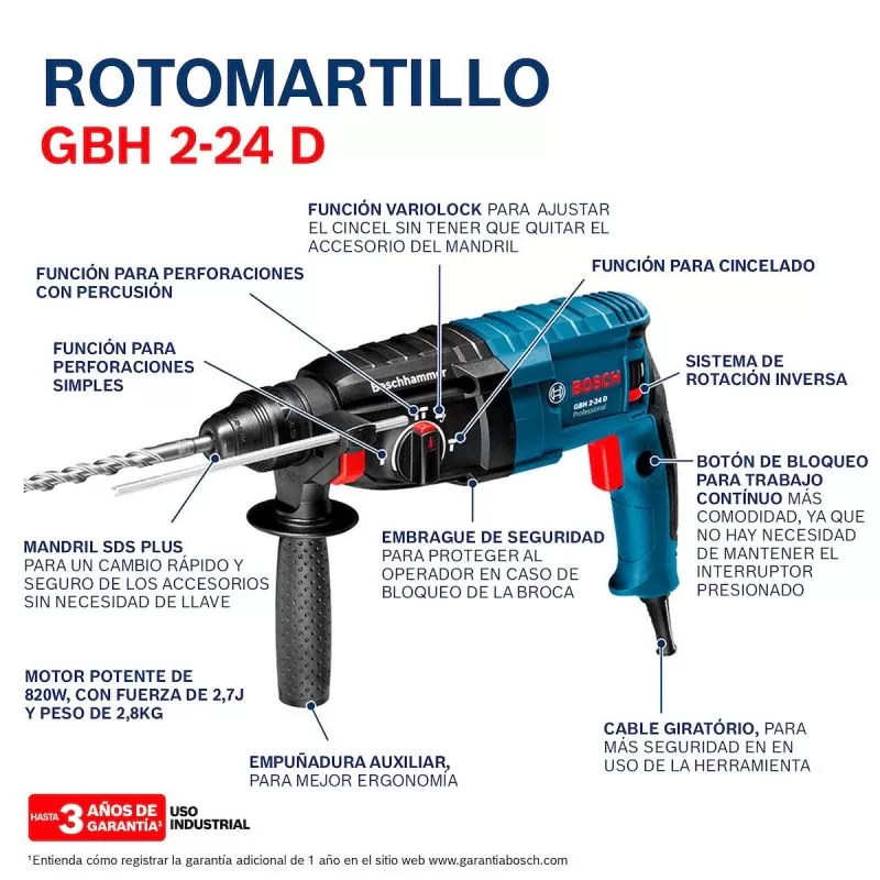 Taladro Rotomartillo Bosch Gbh 2-24 D 820w/ Mandril Sds-Plus