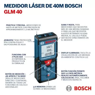 Medidor Láser Bosch GLM 40 alcance 40m con estuche